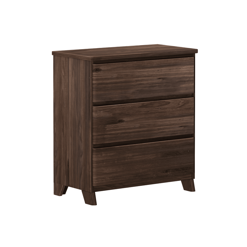 Dark walnut three-drawer wooden dresser with tapered legs, mid-century modern bedroom storage chest of drawers