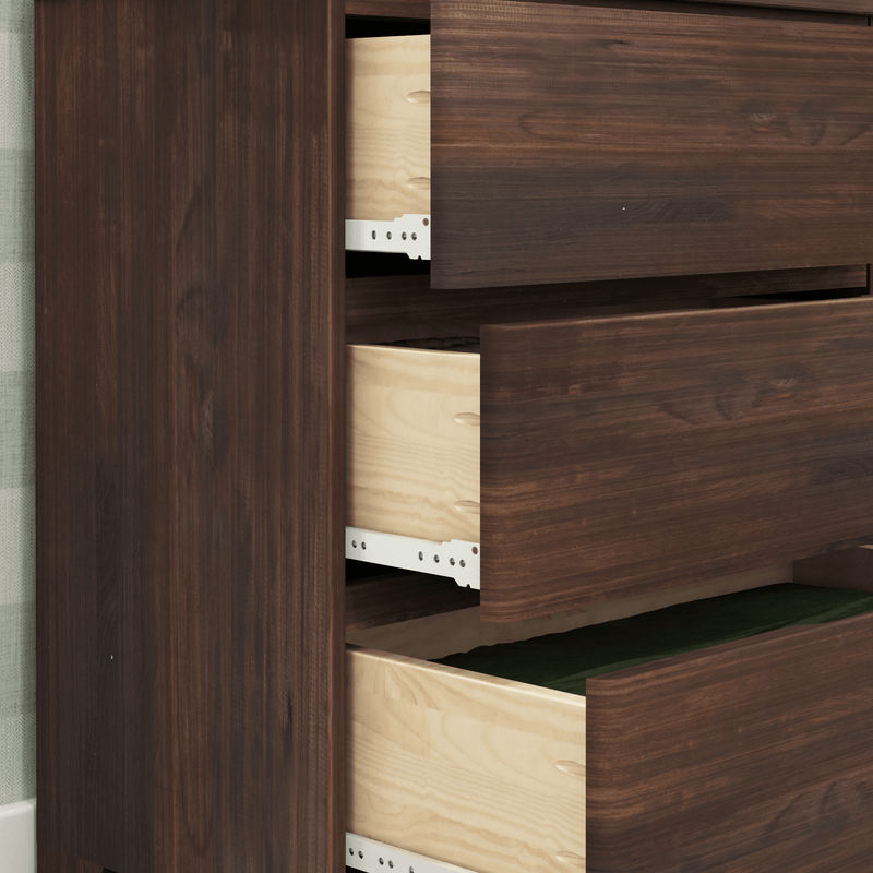 Dark wood bedroom dresser with open drawers revealing light wood interiors and metal drawer slides, modern storage solution