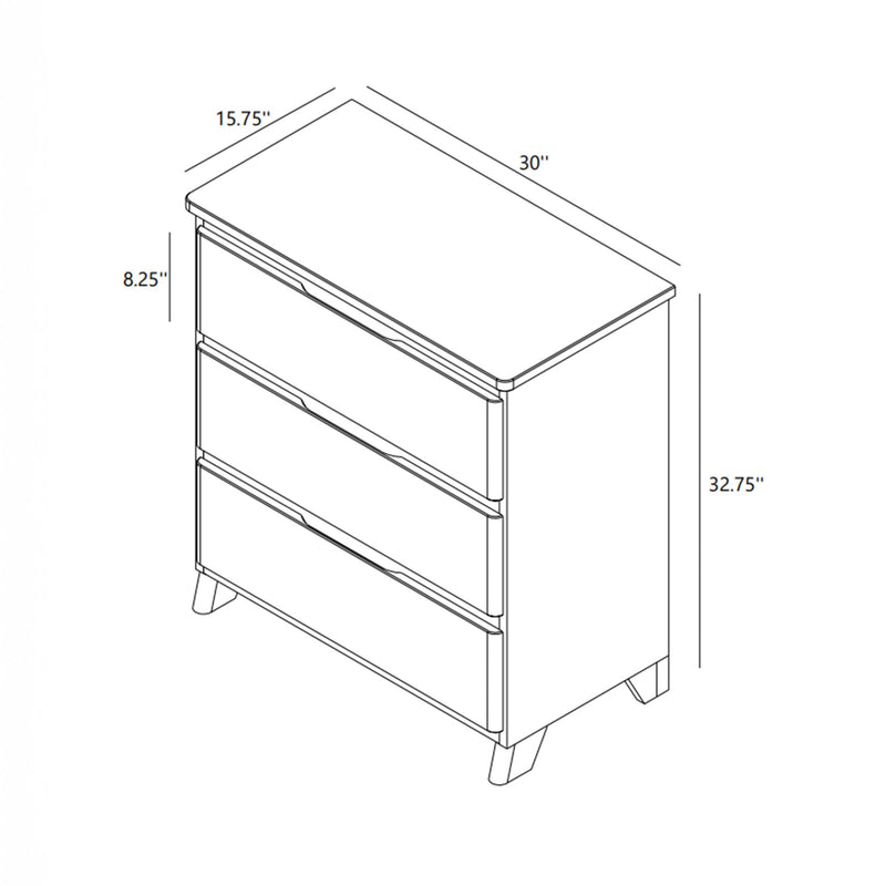 Line drawing of a mid-century modern four-drawer dresser with tapered legs and integrated handles, labeled dimensions 30 in W × 15.75 in D × 32.75 in H, drawer height 8.25 in