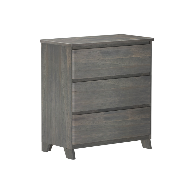 Gray wood mid-century modern tall dresser with four spacious drawers and tapered legs, weathered gray bedroom storage chest