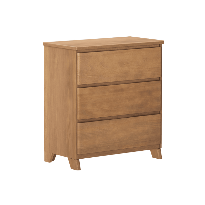 Mid-century modern three-drawer wooden dresser in warm oak finish, compact bedroom chest of drawers for storage