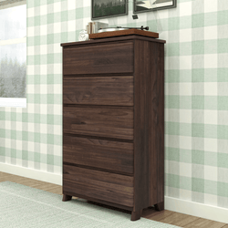 Dark wood dresser with five drawers in a modern bedroom setting featuring patterned wallpaper and a turntable on top.