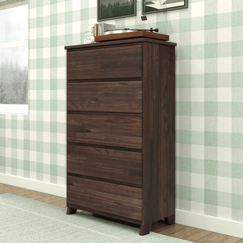 Dark wood dresser with five drawers in a modern bedroom setting featuring patterned wallpaper and a turntable on top.