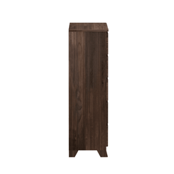 Side view of a dark wooden dresser, featuring sleek design and modern finish for contemporary home furniture.