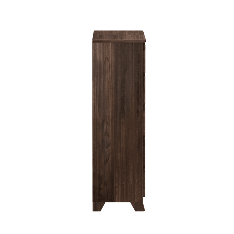 Side view of a dark wooden dresser, featuring sleek design and modern finish for contemporary home furniture.