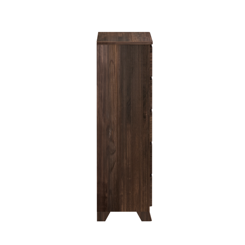 Side view of dark walnut tall narrow dresser with tapered legs and vertical wood grain, minimalist chest of drawers