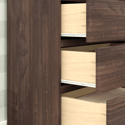 Wooden dresser with open drawers showing interior compartments.