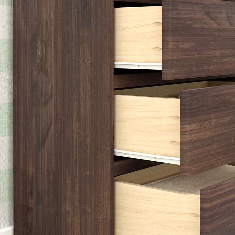 Close-up of a modern walnut-finish chest of drawers with three partially open drawers revealing light maple interiors and metal slides for bedroom storage