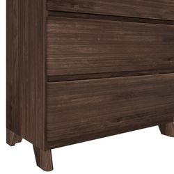 Dark wood dresser with modern design and sleek drawers.