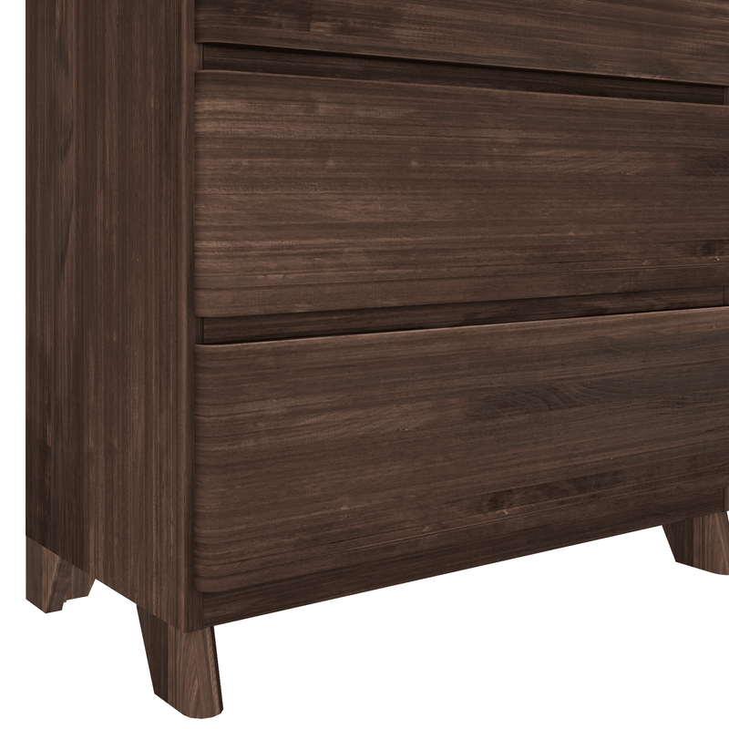 Dark wood dresser with modern design and sleek drawers.