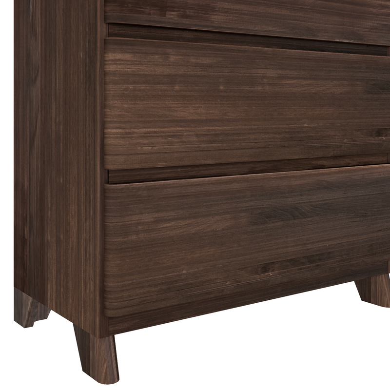 Dark walnut mid-century modern nightstand with tapered legs, horizontal slatted drawer fronts and visible wood grain