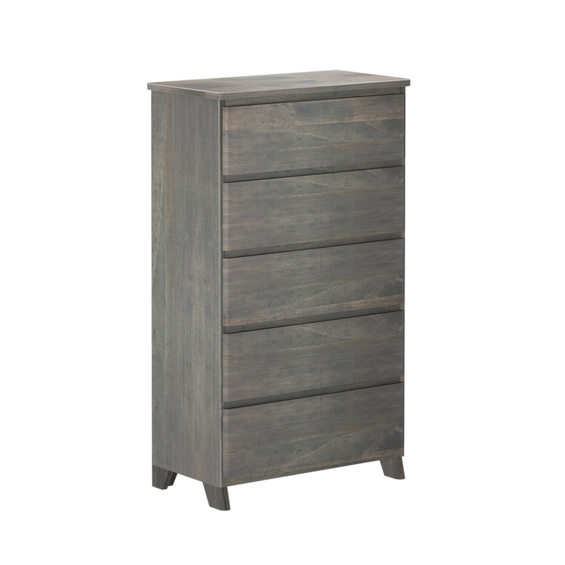 Grey weathered wood 5-drawer tall dresser with tapered mid-century legs, modern rustic bedroom storage chest