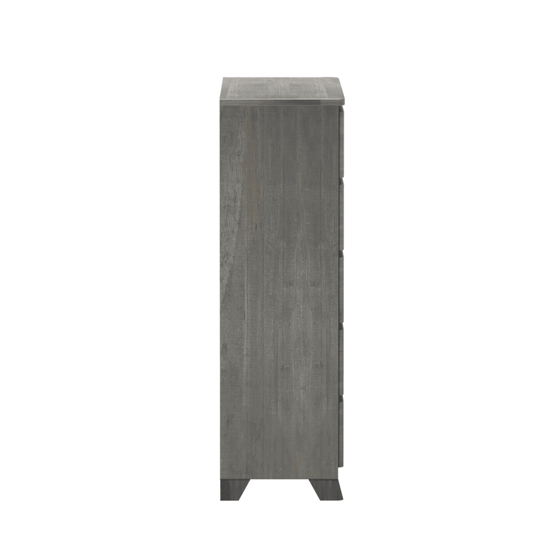 Side view of narrow rustic gray wooden dresser chest of drawers for bedroom storage