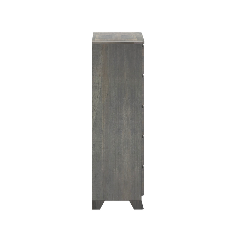 Side view of tall gray wood dresser with modern rustic finish, bedroom storage chest with drawers and tapered legs