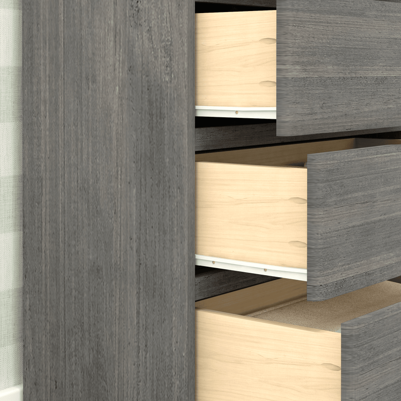 Modern gray wood chest of drawers with open light-wood interiors, textured wood grain finish and metal drawer slides for bedroom storage