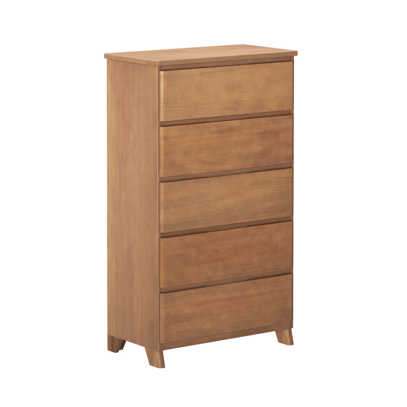 Natural oak five-drawer wooden dresser with tapered legs — mid-century modern bedroom chest for storage