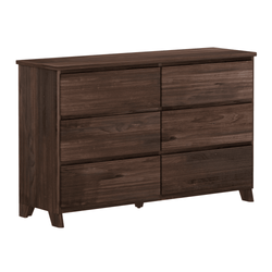 Wooden dresser with six drawers, dark brown finish, modern bedroom furniture.
