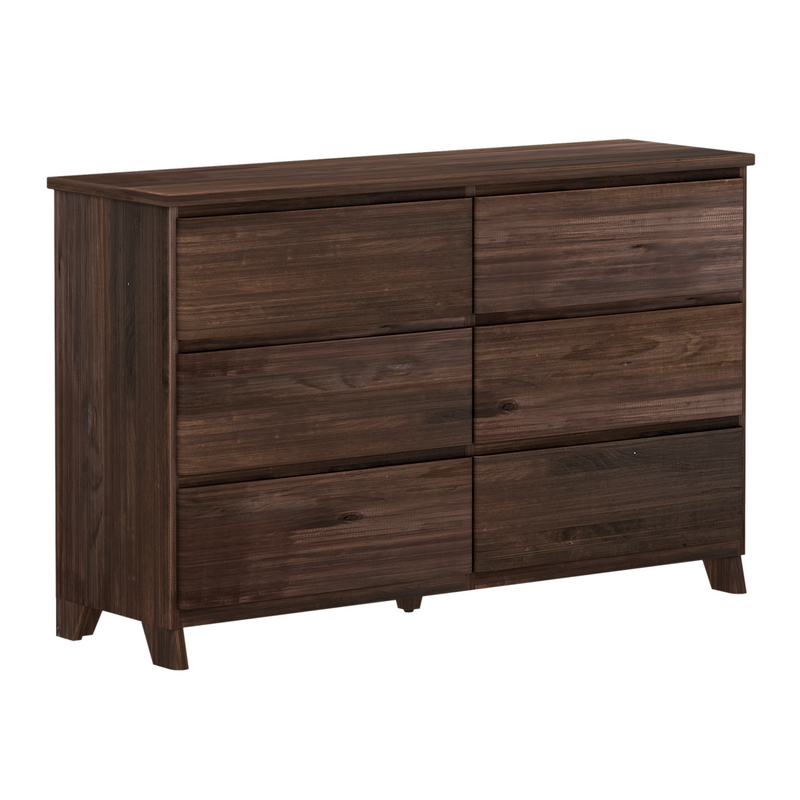 Dark walnut six-drawer dresser with mid-century modern tapered legs, rustic wood grain finish and ample bedroom storage chest