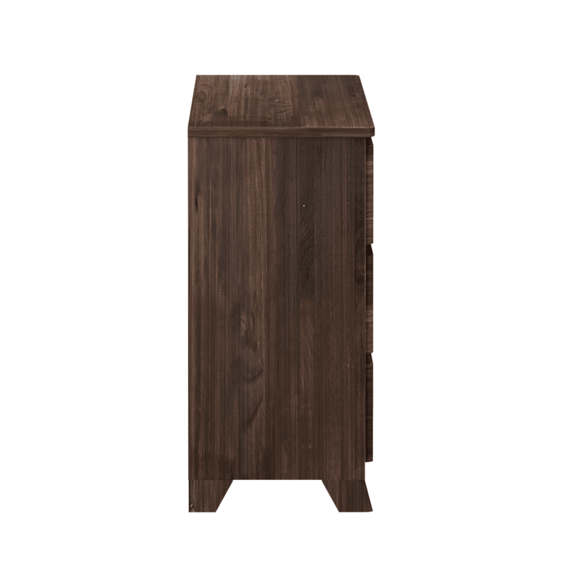 Side view of dark brown wooden chest of drawers with visible wood grain finish on white background
