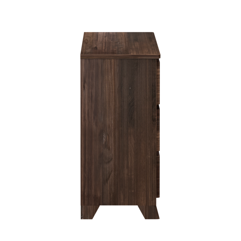 Dark walnut three-drawer bedside nightstand — wooden modern mid-century storage cabinet on tapered legs, side view on white background
