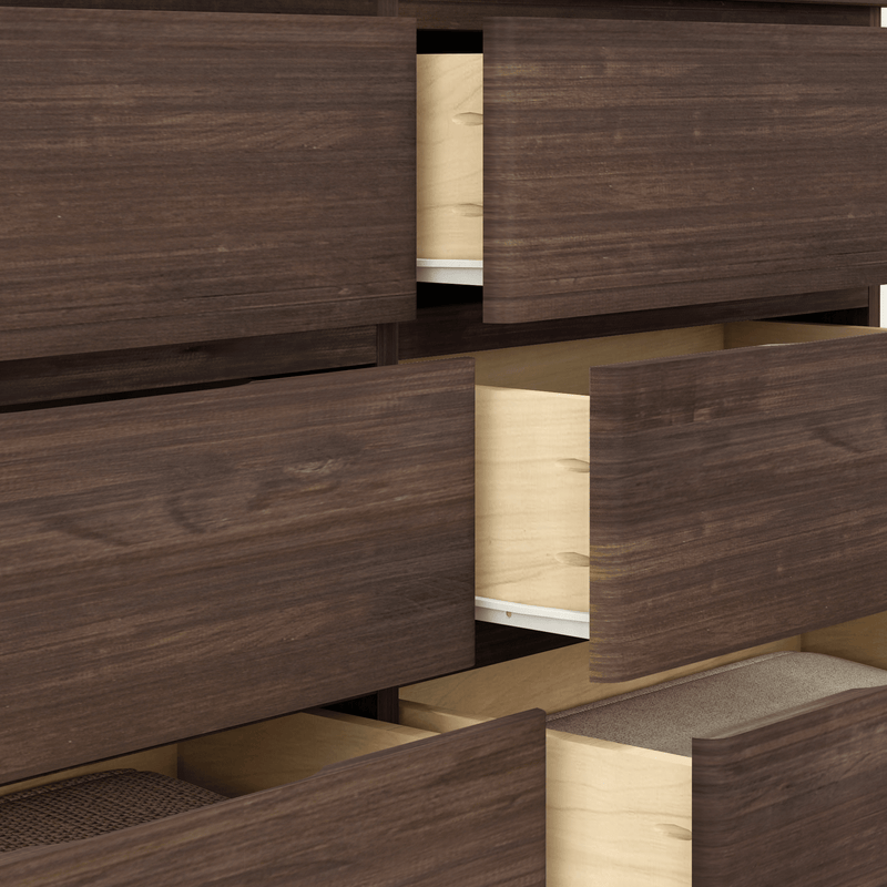 Modern dark walnut dresser with several partially open drawers revealing light maple interiors and wood grain texture