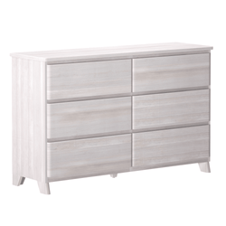 Modern white six-drawer wooden dresser for bedroom storage.