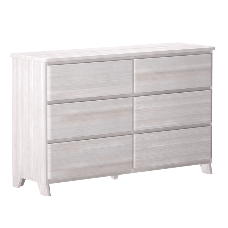 Whitewashed 6-drawer wooden dresser with minimalist Scandinavian design on tapered legs — bedroom storage chest