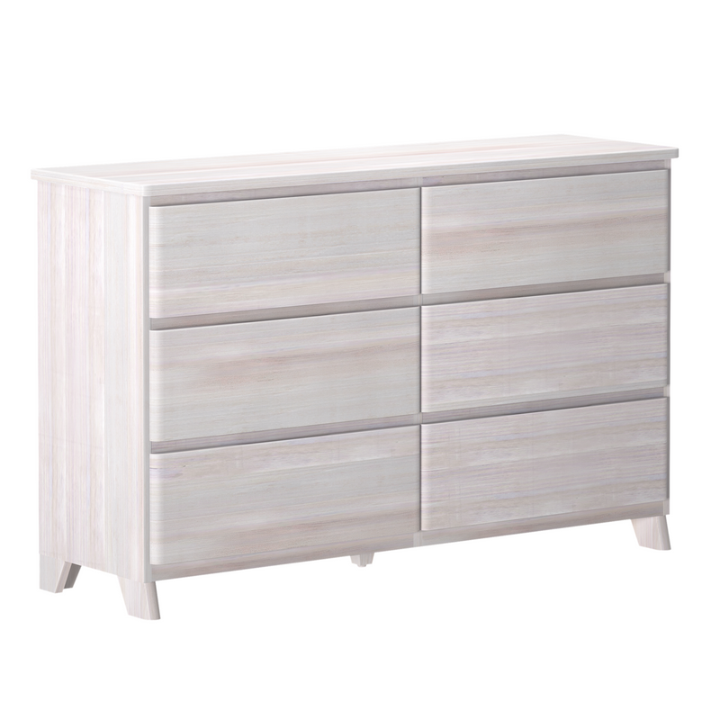 Whitewashed wood six-drawer dresser with mid-century tapered legs and minimalist fronts, bedroom storage chest