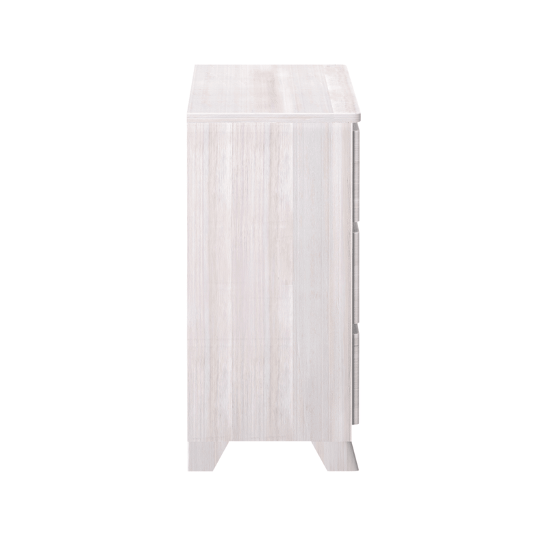 Whitewashed wood three-drawer dresser side view, modern bedroom storage cabinet with tapered legs