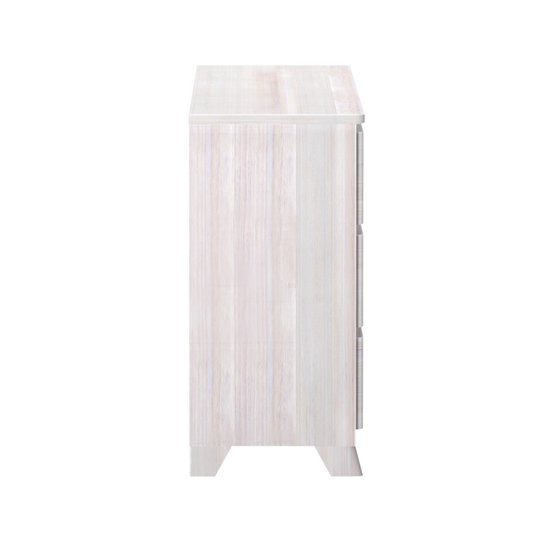 Whitewashed wooden dresser side view, modern rustic bedroom storage cabinet with angled legs
