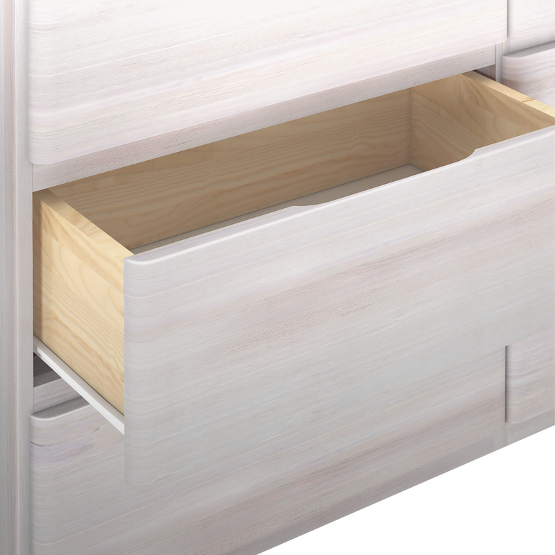 Whitewashed wooden dresser with open drawer showing natural light wood interior — bedroom storage furniture close-up