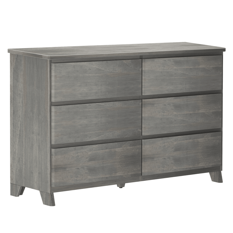 Gray six-drawer wooden dresser with tapered legs and weathered finish, modern farmhouse bedroom storage chest