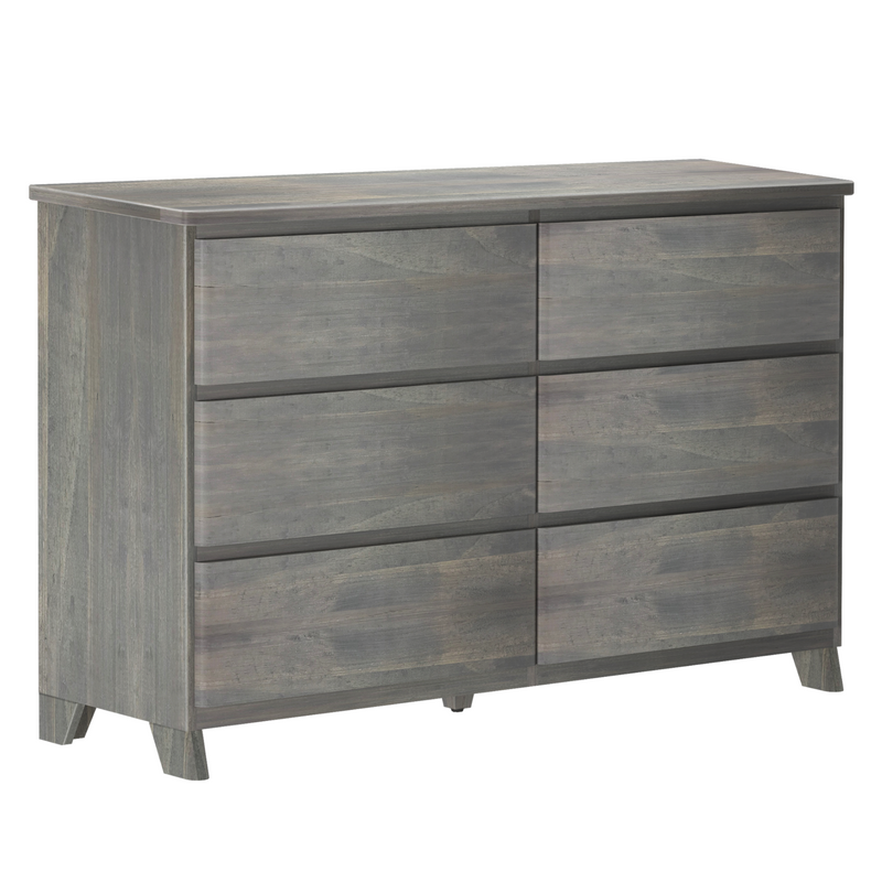 Modern grey wood 6-drawer dresser with tapered mid-century legs and weathered rustic finish — bedroom storage chest