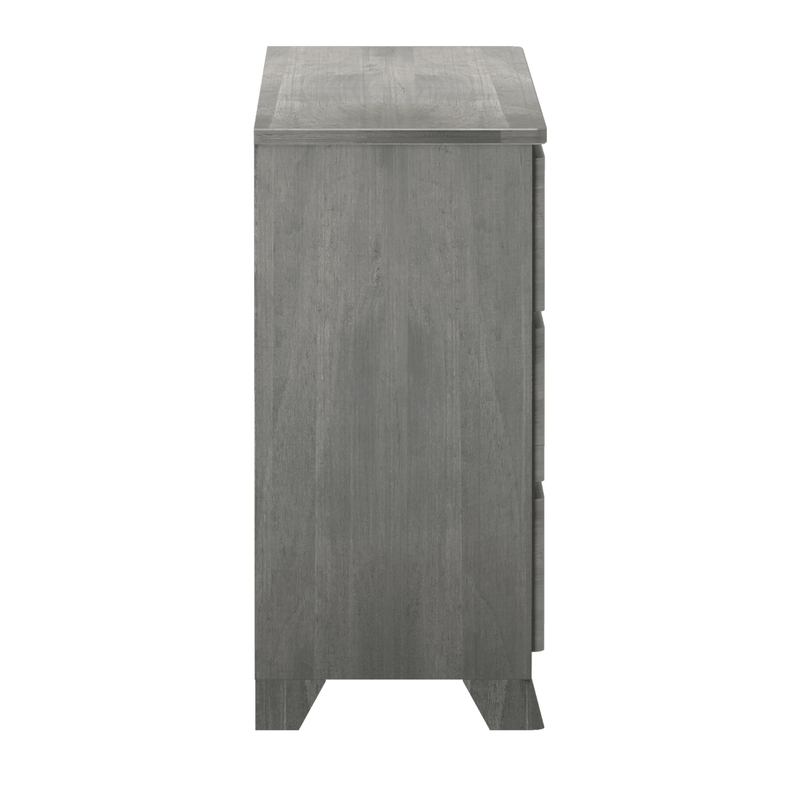 Side view of gray wood tall dresser with weathered finish and tapered legs, modern farmhouse bedroom storage