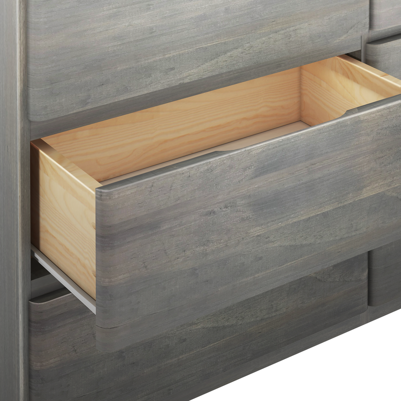 Open gray wood dresser drawer with weathered finish revealing natural pine interior — modern bedroom storage, rustic dresser detail