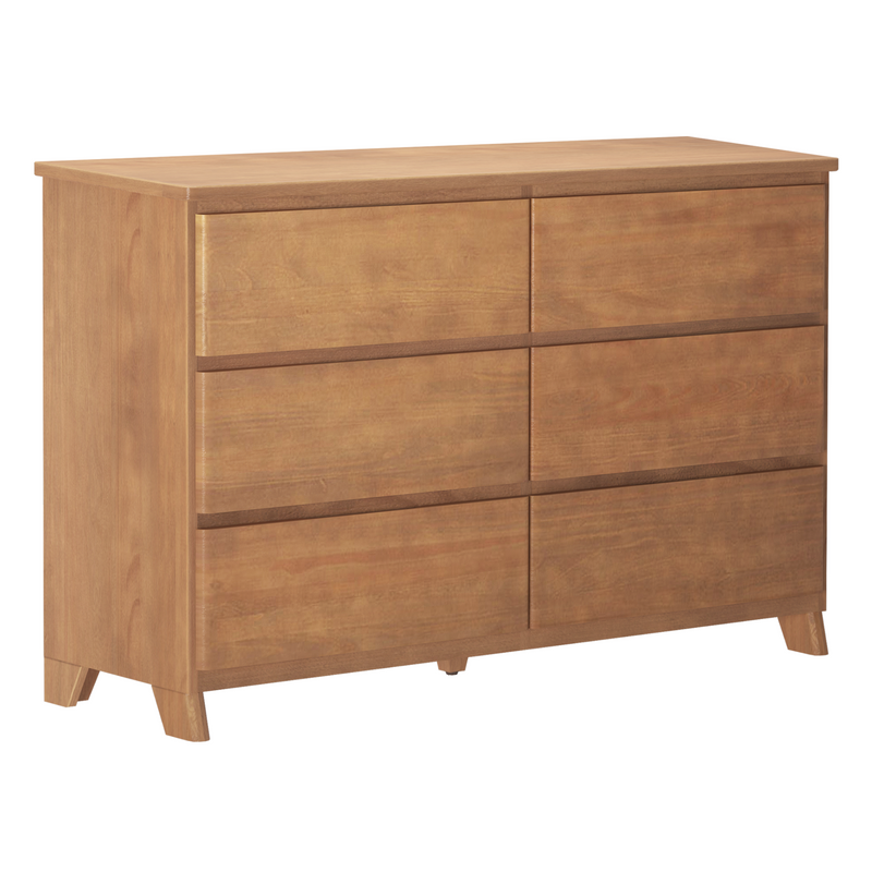 Mid-century modern six-drawer oak dresser in natural finish with recessed handles and tapered legs, ideal bedroom storage furniture
