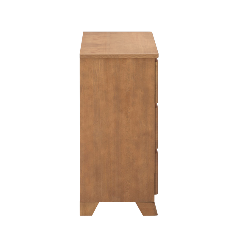 Side view of mid-century modern light brown wooden 3-drawer dresser chest on white background