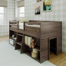 Wooden loft bed with built-in storage and play area in a modern kids' bedroom.