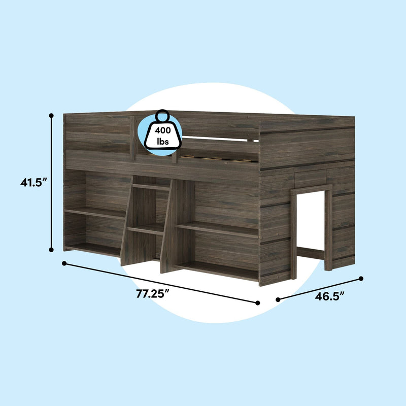 Dark gray wooden loft bed with ladder, integrated storage shelves and guardrail, 400 lb weight capacity, dimensions 77.25 in x 46.5 in x 41.5 in