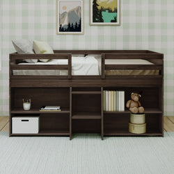 Wooden loft bed with storage shelves and toy in modern kids' bedroom.