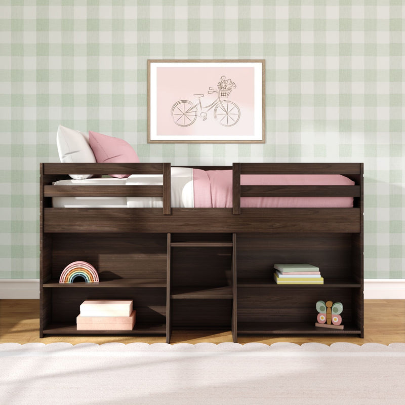 Children's loft bed with dark wood frame, pink bedding, green gingham wallpaper, framed bicycle wall art and wooden toy shelves, kids' bedroom decor