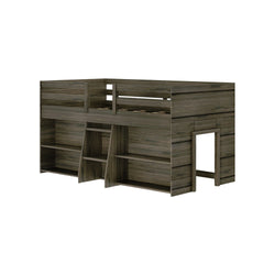 Loft bunk bed with built-in storage shelves and ladder in dark wood finish.