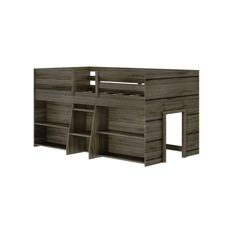 Loft bunk bed with built-in storage shelves and ladder in dark wood finish.