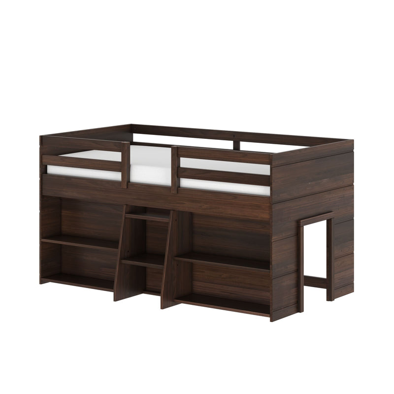 Dark walnut wooden loft bed with guardrails, built-in shelving and under-bed playhouse cubby, space-saving twin kids' bed