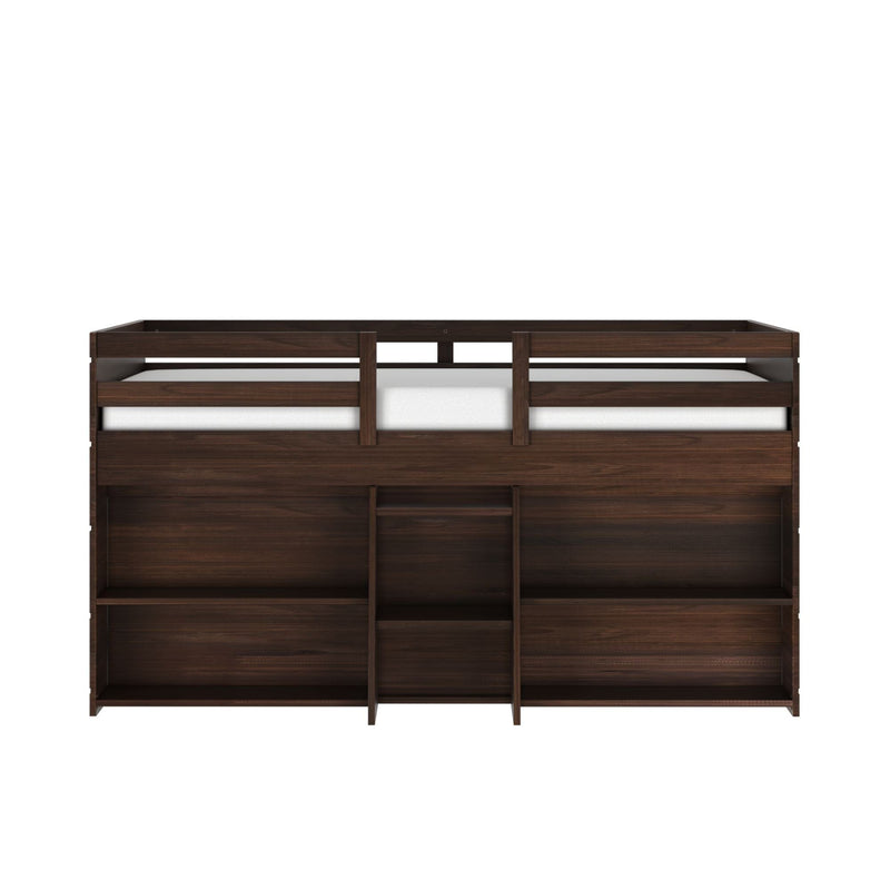 Dark walnut wooden loft bed frame with built-in open storage shelves and safety rails, modern space-saving kids bedroom furniture