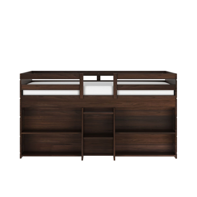 Dark brown wooden loft bed with raised guardrail and built-in open shelving for under-bed storage