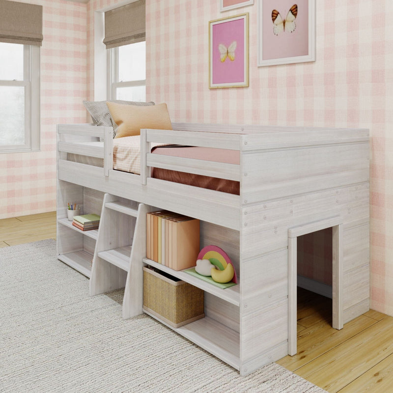 Kids' bedroom with white wooden loft bed, storage shelves, and playful pink butterfly decor.
