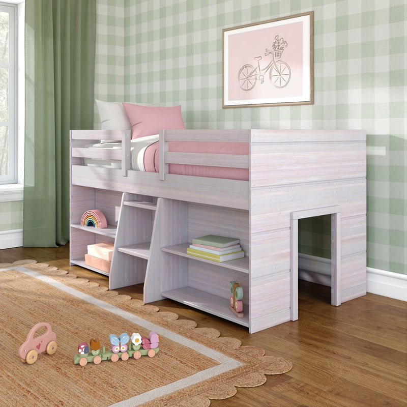 Kids pastel loft bed with built-in storage shelves and playhouse nook, pink bedding and pillows, wooden ladder, toys on woven rug, green gingham wallpaper and sunlight from window