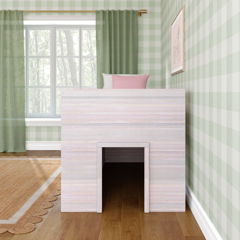 Kids whitewashed loft bed with under-bed playhouse, pink pillow, green gingham wallpaper, green curtains and hardwood floor in bright children's bedroom