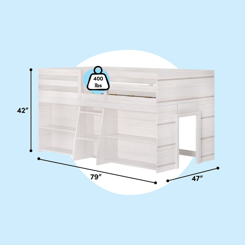 White wooden children's loft bed with built-in ladder, open storage shelves and playhouse cubby underneath, 400 lb weight capacity, dimensions 42″ H x 79″ L x 47″ D — space-saving loft bed for kids' bedrooms